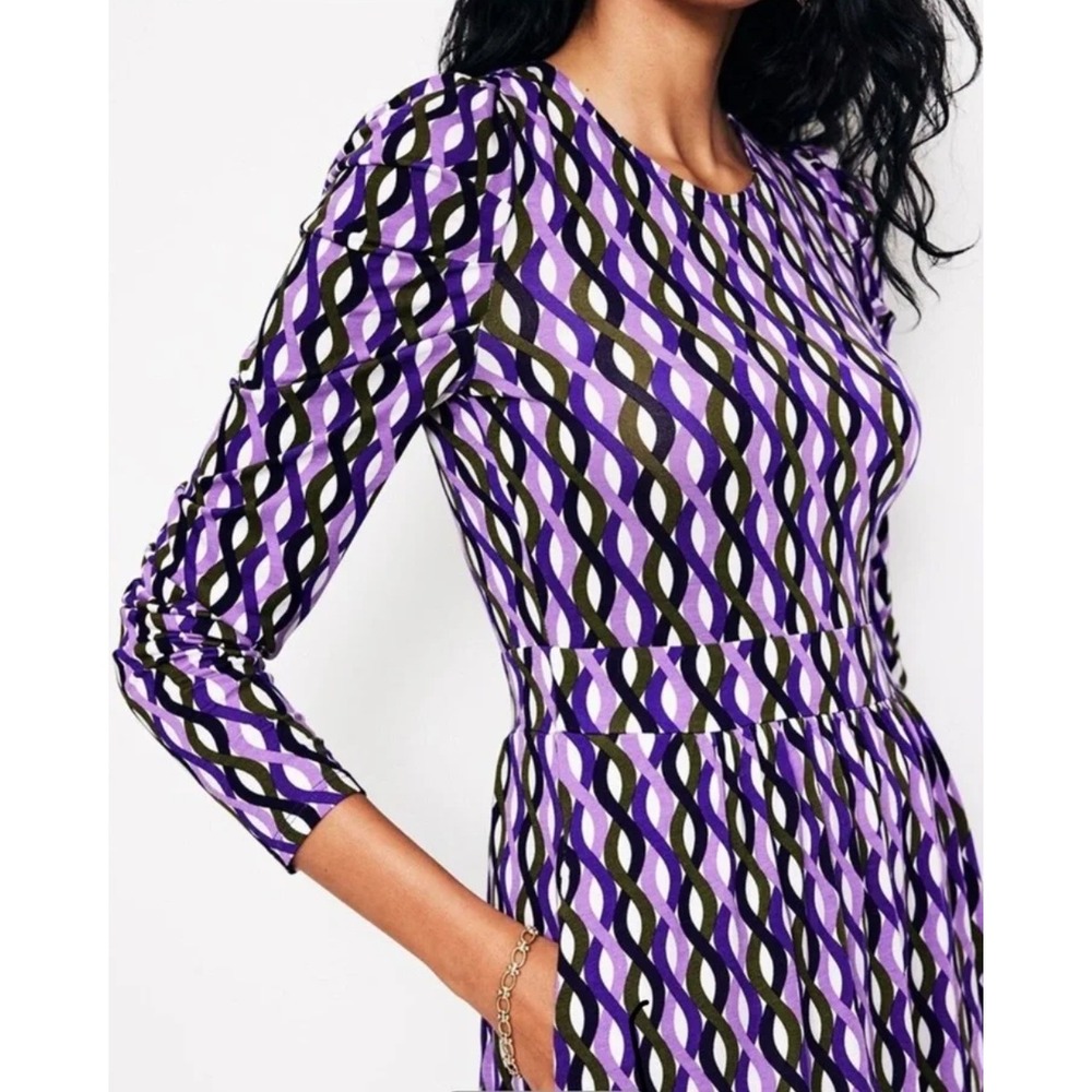 Boden puff sleeve Blouson dress 10R multi trellis purple green Jersey Modest